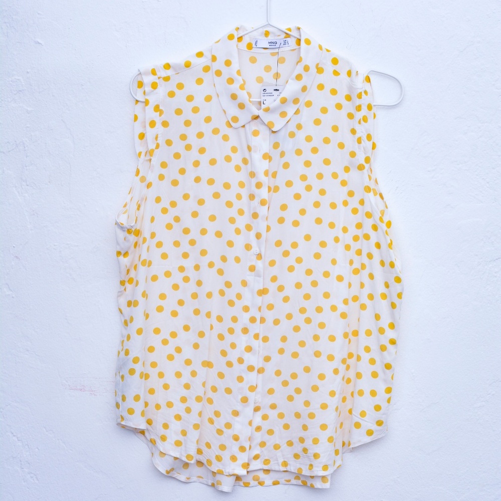 Mango Yellow Polka Dot Sleeveless Button Down NWT